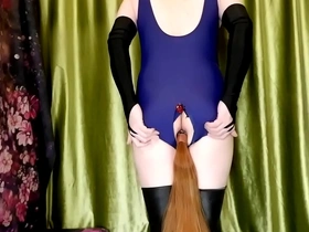 Beautiful shemale in Japanese swimsuit, solo play with a big cock.