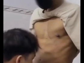 Two older men give a young Asian man a rough analingus with a public handjob.